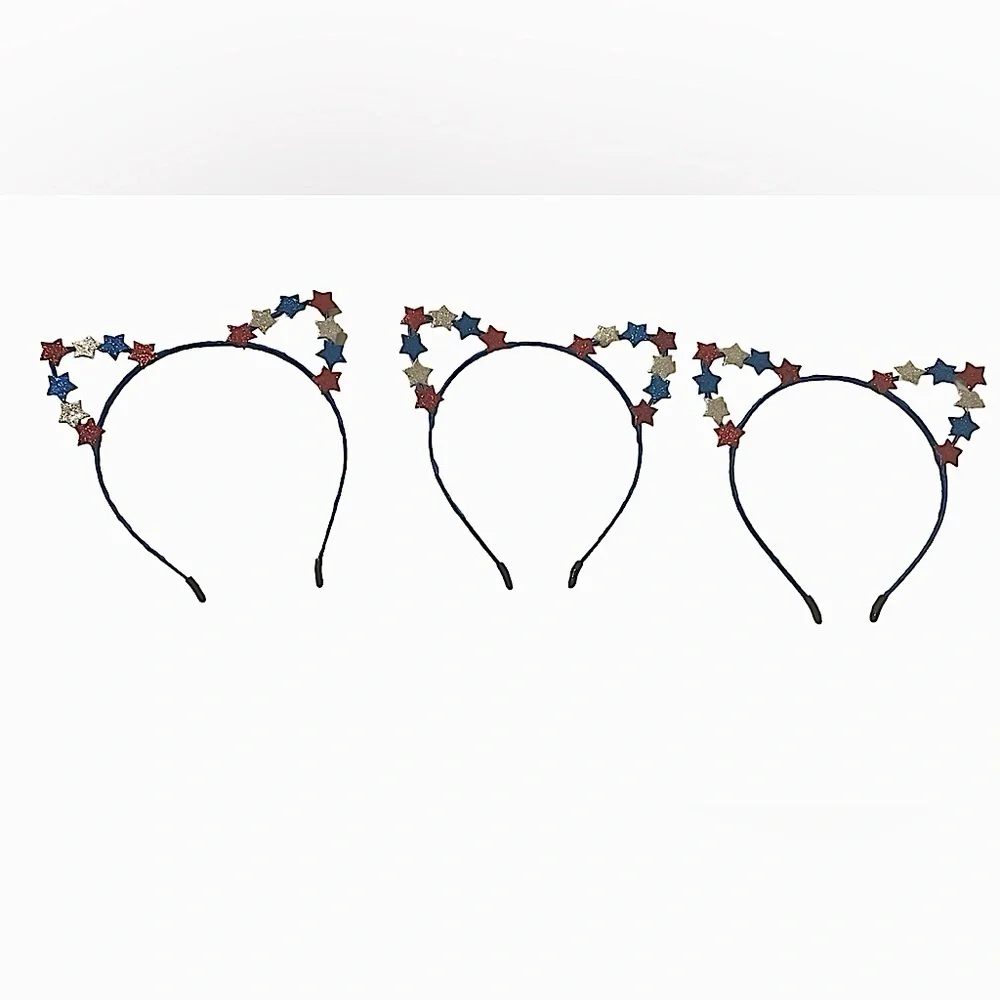 4th of July Patriotic Red & Blue Glitter Stars Cat Ears Headband 3pc